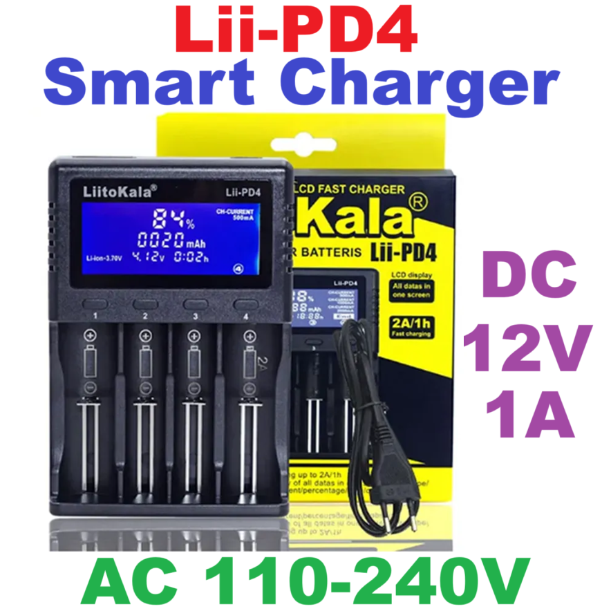 เครื่องชาร์จถ่าน LiitoKala Lii-PD4 LCD 3.7 V/1.2 V รองรับ NiMH AA AAA 18650 18350 18500 21700 20700 26650 ชาร์จแบตเตอรี่ลิเธียม Charger ชาร์จได้ 4 ก้อน