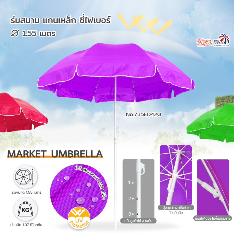 Leo ร่มสนาม แม่ค้า สำหรับขายของ ร้านกาแฟ ขนาด Ø1.55 เมตร ผ้าโพลีเอสเตอร์ 420D