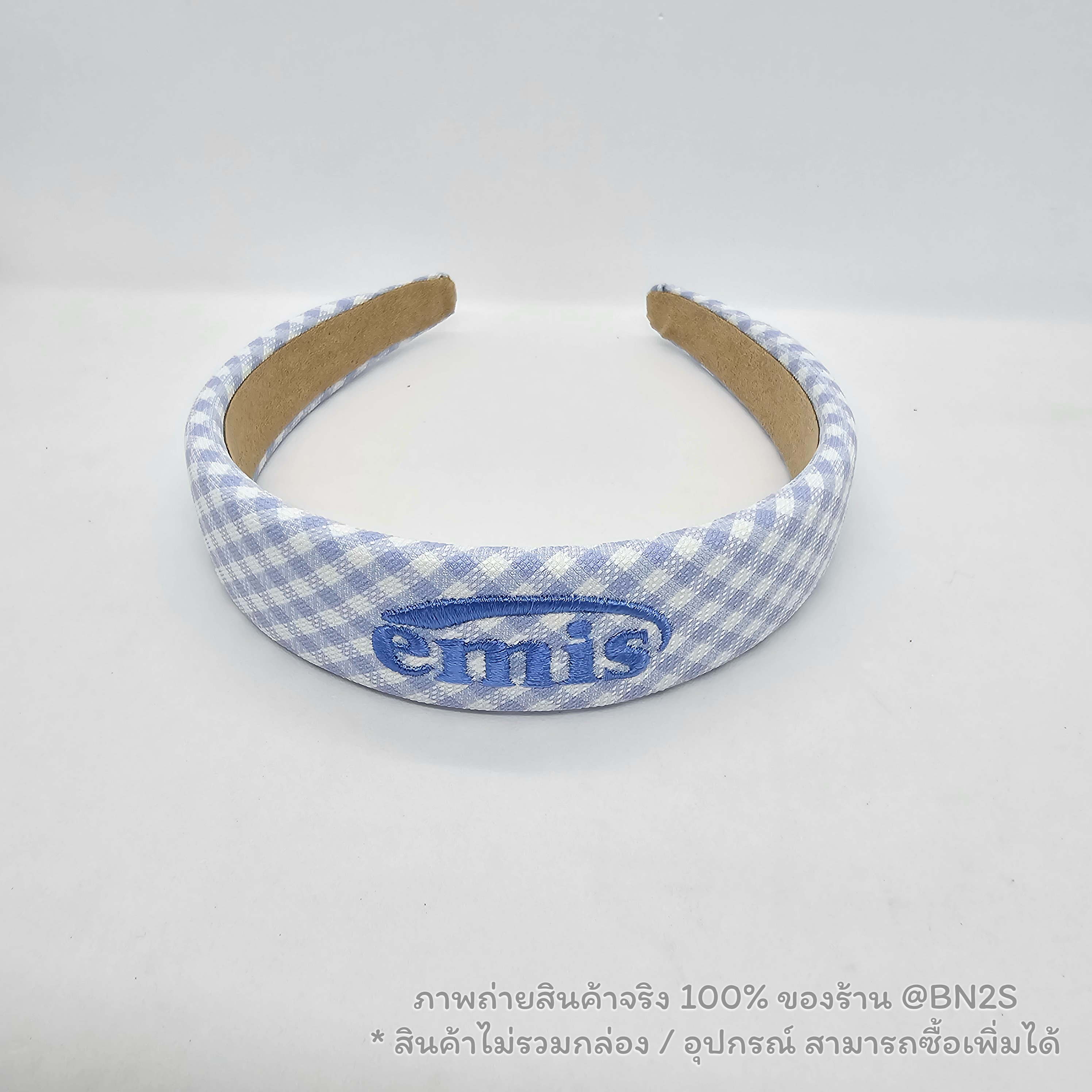 สีฟ้า | ที่คาดผมอีมีส แบรนด์เกาหลี Emis Gingham Check Hairband ลายตาราง ปั๊กโลโก้ EMIS รุ่นใหม่ชนช๊อป พร้อมส่งในไทย ราคาไม่แพง ไม่มีกล่อง อุกรณ์