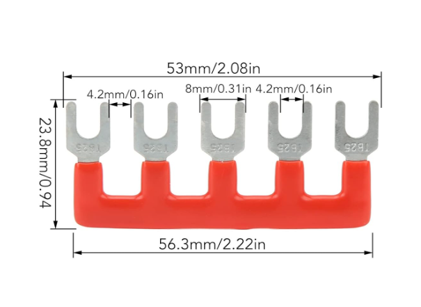 TB-2505 จั้มเปอร์ 5 ช่อง สีแดง สำหรับเทอร์มินอลบล็อก 25A Jumper Bar for Terminal Block 5 pin Connector Bar red color