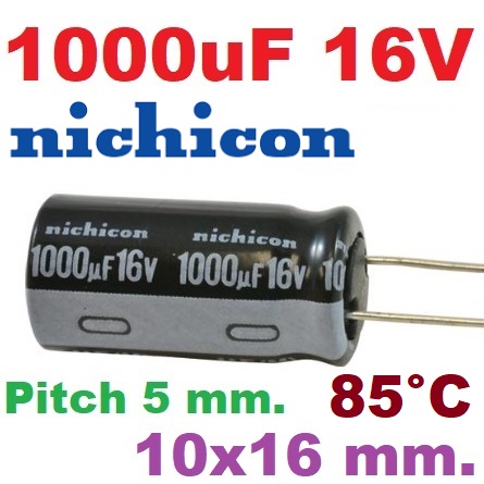 ตัวเก็บประจุ 1000uF 16V Pitch 5 mm.85C 10x16mm Nichicon