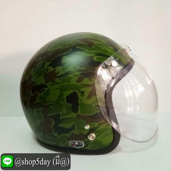 ALTRAX หมวกกันน็อควินเทจคลาสสิค ราคาถูก รุ่น MILITARY นวมถอดซักได้ สีเขียวลายพราง พร้อมชิวBUBBLE สีใส