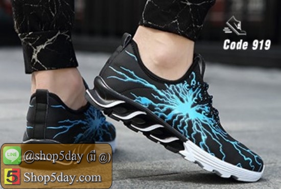 รองเท้าผ้าใบ หนัง PU ลายสุดแนว อินเทรนด์วัยรุ่น (ดำ-ฟ้า)