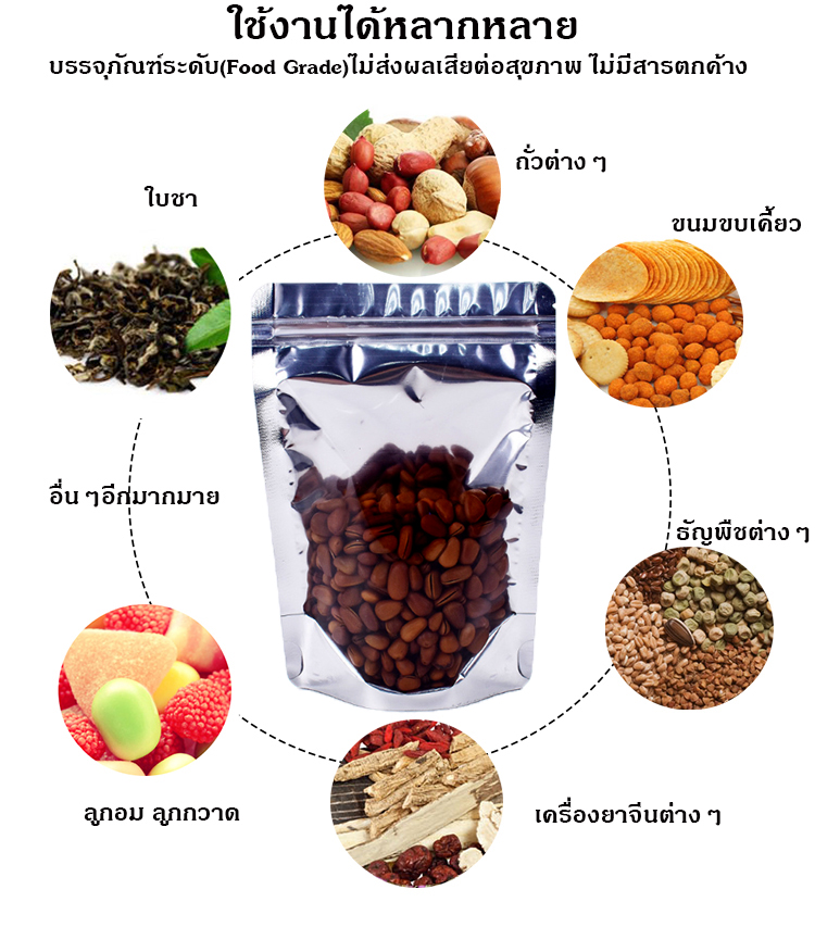 ถุงฟอยด์เมทัลไลท์ หน้าใส ตั้งได้ มีซิปล็อค ซองฟอยด์ ฟอยด์****(จำนวน 50 ซอง)**** ขอบโค้ง
