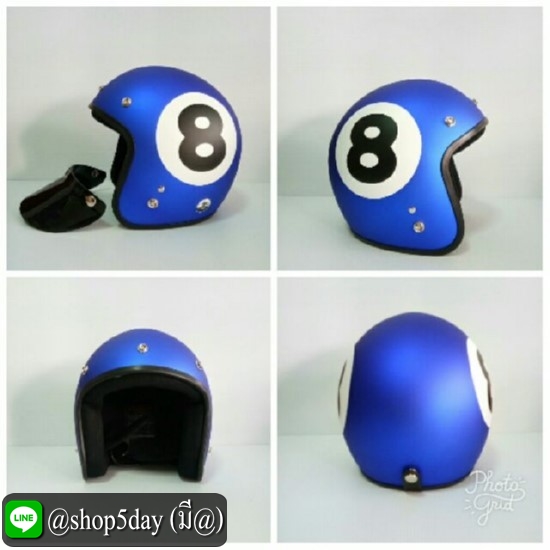 หมวกกันน็อคแนววินเทค สีน้ำเงินเข้มด้าน ลายเลข 8 ขอบดำ