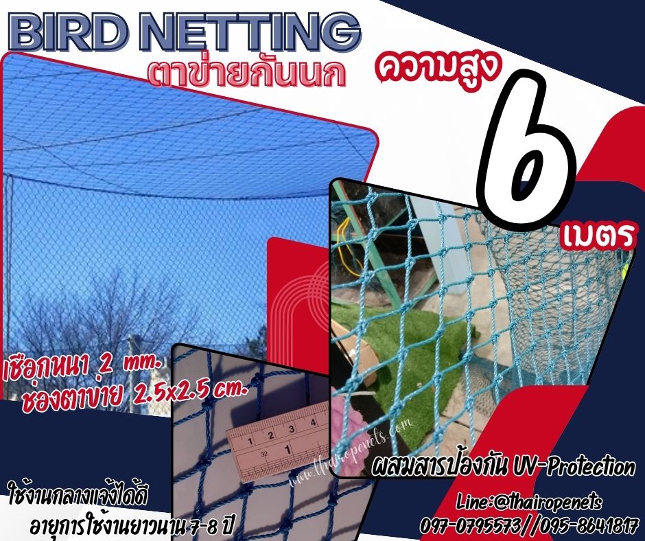 bird netting ตาข่ายกันนกเข้าแปลงผัก ความสูง 6 เมตร สีฟ้า รุ่นหนา 2 มิล ช่องตา 2.5x2.5 cm. กดเลือกความยาวตามต้องการได้เลยค่ะ