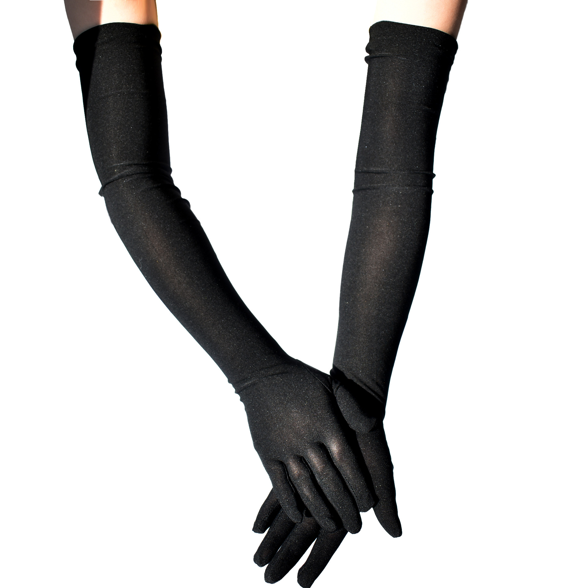 ถุงมือยาวสีดำ ถุงมือยาวเลยศอก ผ้ายืดหยุ่นแนบเนื้อ ยืดหยุ่นดี . แนะนำ 8 ขวบขึ้นไปจนถึงผู้ใหญ่ ยาว 56 ซม.