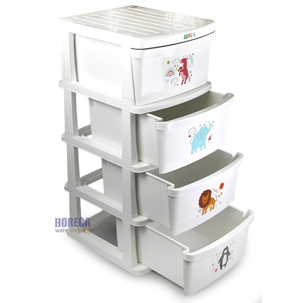 ตู้ลิ้นชัก 4 ชั้น ลายการ์ตูน โครงขาว บิ๊กพลาส