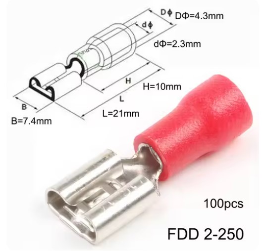 หางปลา FDD2-250 สีแดง สำหรับสายไฟ 0.5-1.5 mm2 (22-16 AWG) 10A แพ็กละ 20 ตัว Crimp Terminal หางปลาเสียบ ตัวเมีย