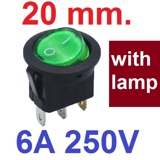 สวิตช์ 2ทาง 3ขา ขนาด 20 mm มีไฟสีเขียว. บนกลมล่างเหลี่ยม below the uper circle Round Black Rocker Switch 3 Pin 6A 250V / 10A 125V SPST ON-OFF Snap-in with Green light 20mm Diameter KCD1 สวิทช์