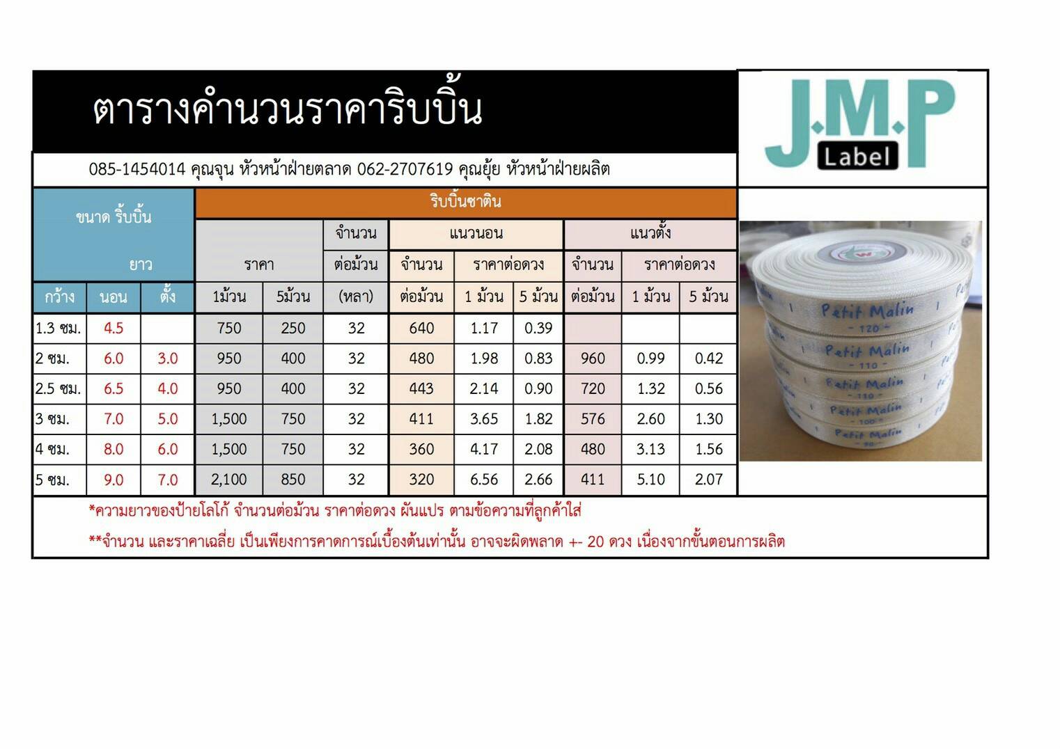 ป้ายคอเสื้อ เนื้อริบบิ้นซาติน 1.3 ซม. ริบบิ้นสีขาว พิมพ์ดำ 15 ม้วน