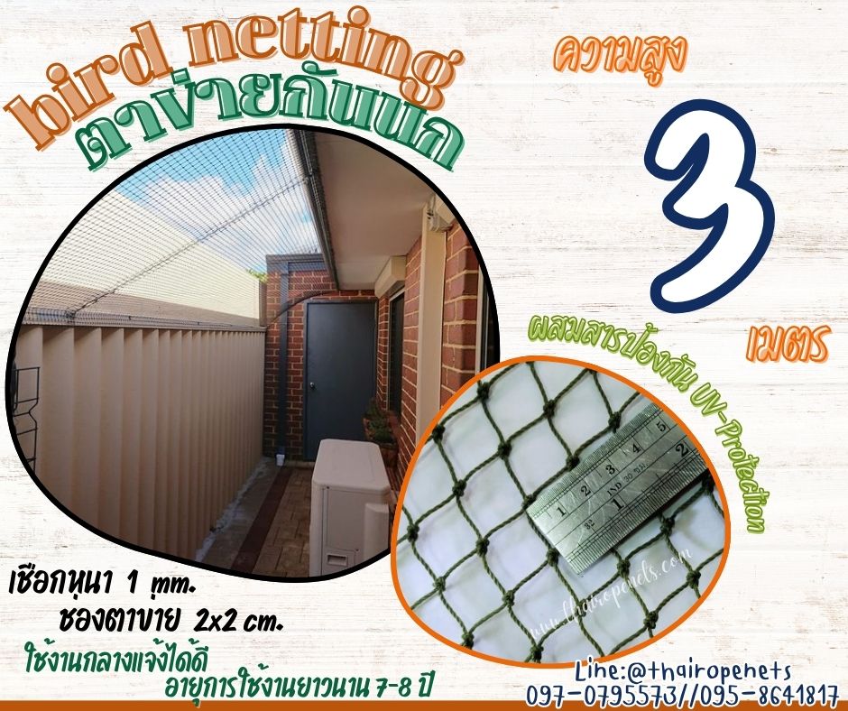 ตาข่ายกันนกเข้าอาคาร bird netting สีเขียวขี้ม้า ความสูง 3 เมตร รุ่นหนา 1 มิล ช่องตา 2x2 cm. กดเลือกความยาวตามต้องการได้เลยค่ะ