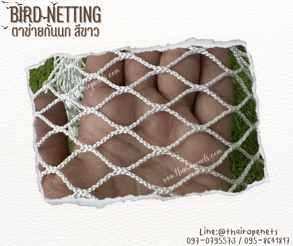 ตาข่ายกันนก bird netting ตาข่ายสีขาว เชือกหนา 2 มิล ช่องตา 2x2 cm. ผสมสารป้องกัน UV ทนทาน ใช้งานได้ยาวนาน รับทำตามขนาดที่ต้องการ