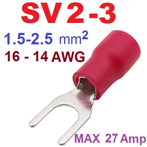 SV2-3 หางปลาแฉก สีแดง แพ็คละ 20 ตัว SV Series Crimp Terminal Fork Spade Wire Connector Copper Insulated Forked SV2