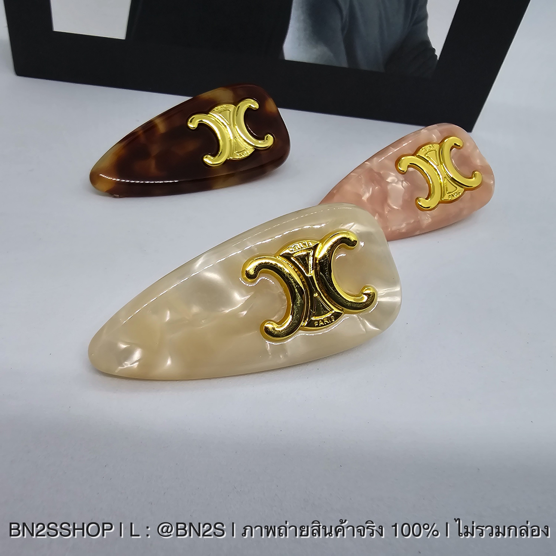 สีน้ำตาล | CELINE CL HAIR CLIP แบบเหลี่ยม กิ๊บติดผมลายทรีออม สี Dark Havana ลายอะคิลิคสีน้ำตาล