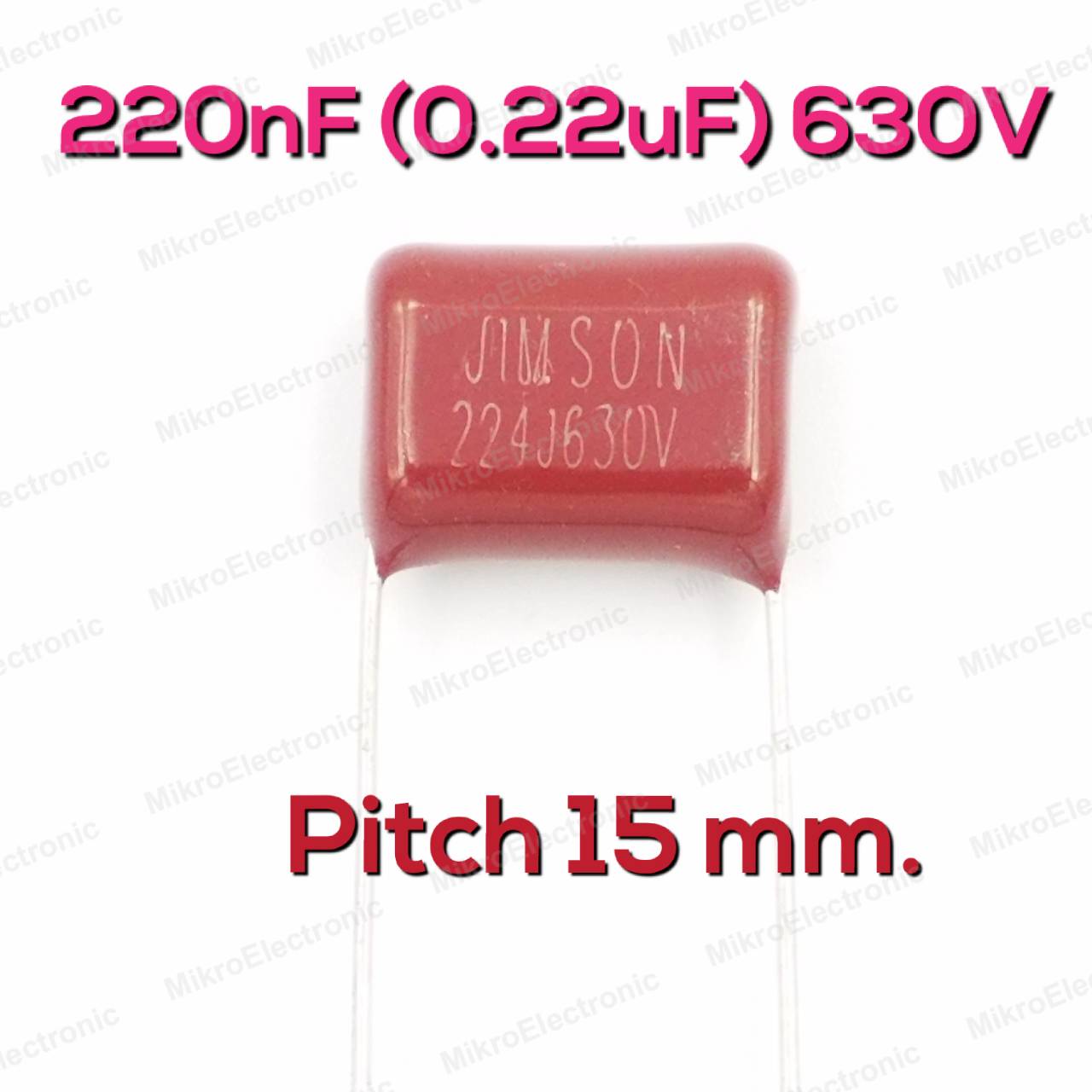 220nF(0.22uF) 630Vdc ±5% Pitch 15mm Metallized Polyester Film Cap ตัวเก็บประจุ คาปาซิเตอร์ แบบฟิล์มโลหะ