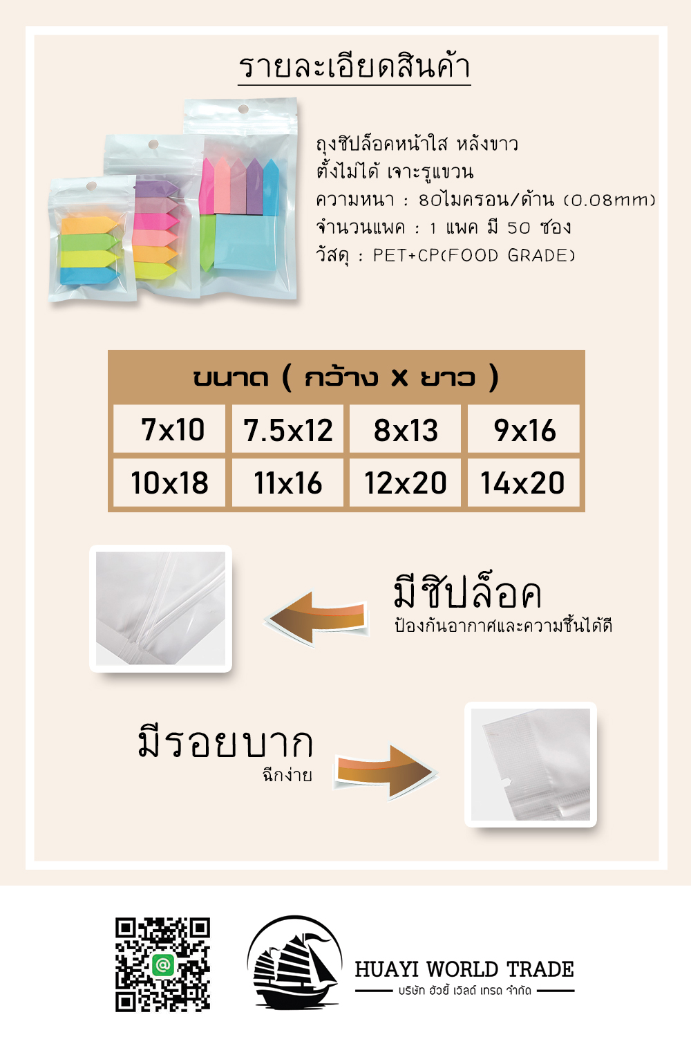 ถุงซิปล็อคหน้าใส หลังขาว ตั้งไม่ได้ เจาะรูแขวน