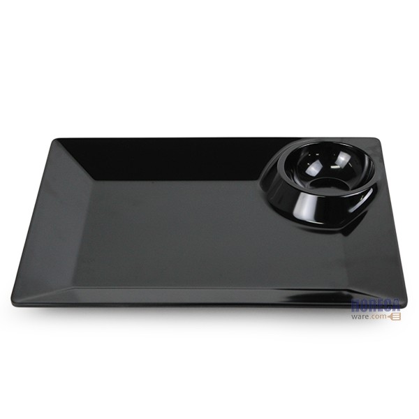จานเปลสี่เหลี่ยมมีช่องน้ำจิ้ม 10x13นิ้ว [สีดำ] ตราเอสบี