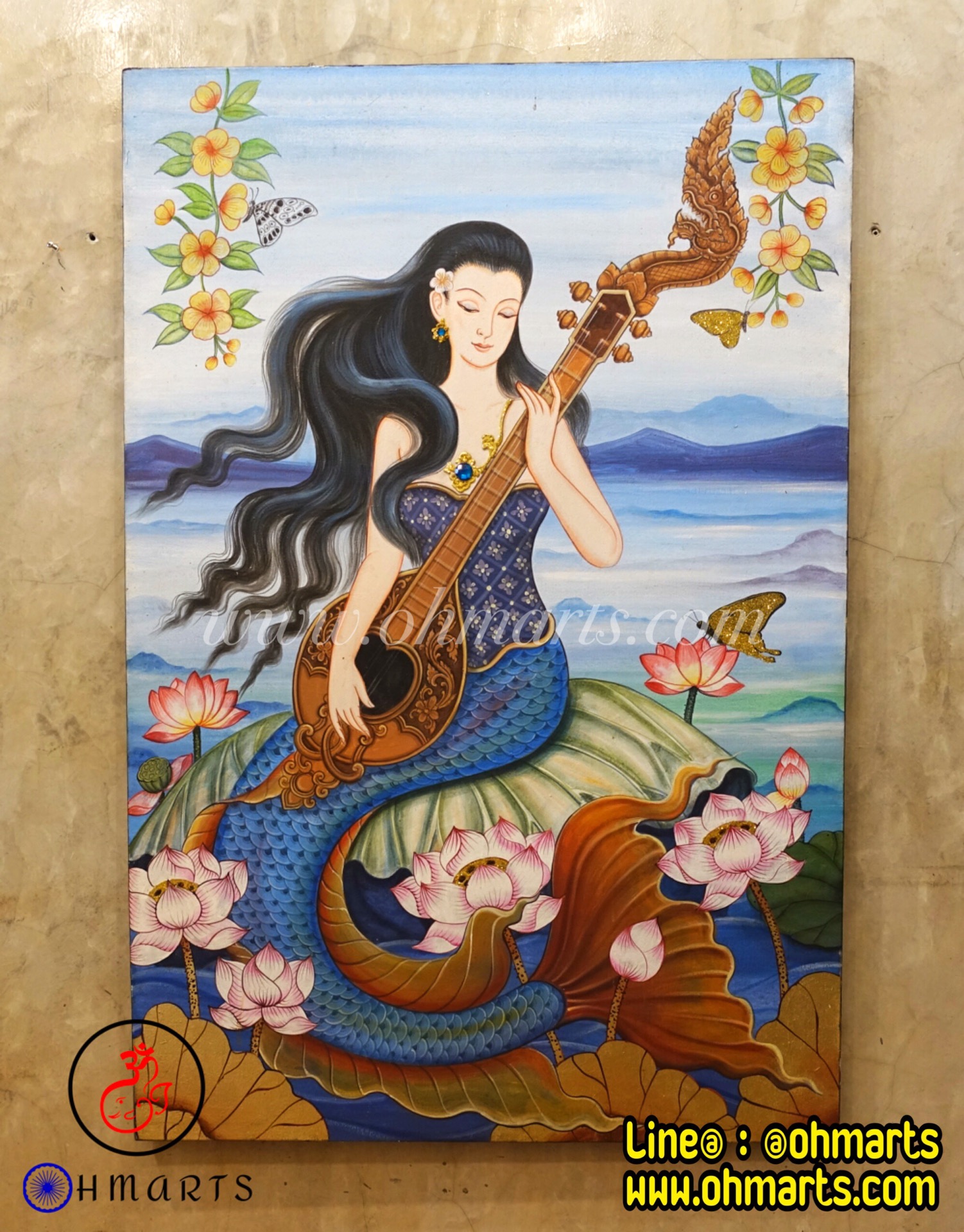 เฟรมภาพวาดนางเงือกดีดพิณกลางทุ่งดอกบัวในหุบเขา B0001