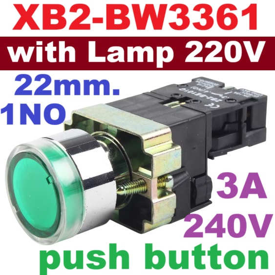 XB2-BW3361 with lighted Green color 220V push button switch 22mm. ZB2-BE101C Normally open Contact (NO.) High quality