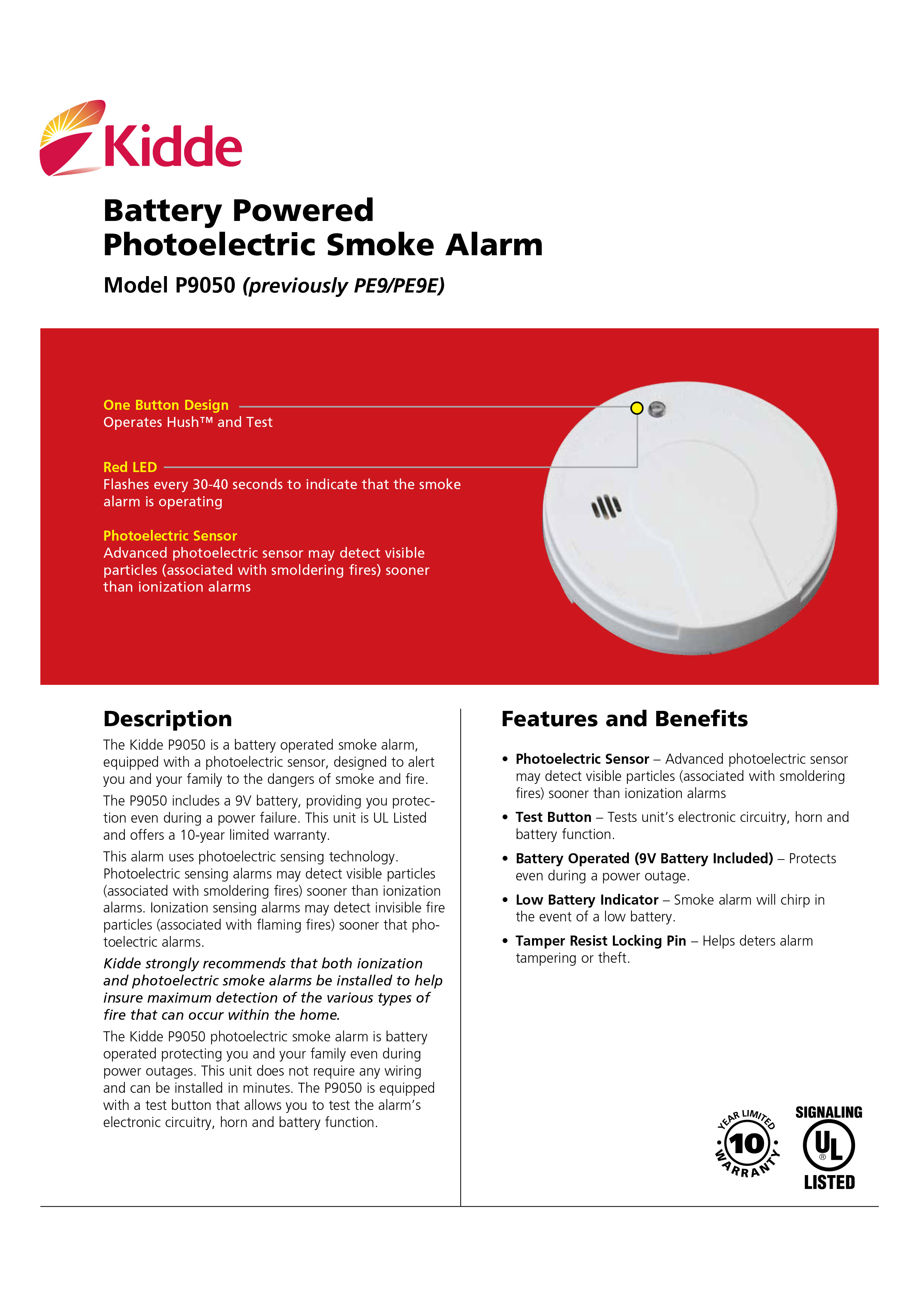 สโม๊คใส่ถ่าน 9 โวล์ท รุ่น P9050 Photoelectric Smoke Detector With Battery Powered ยี่ห้อ Kidde ได้มาตรฐาน UL.LISTED