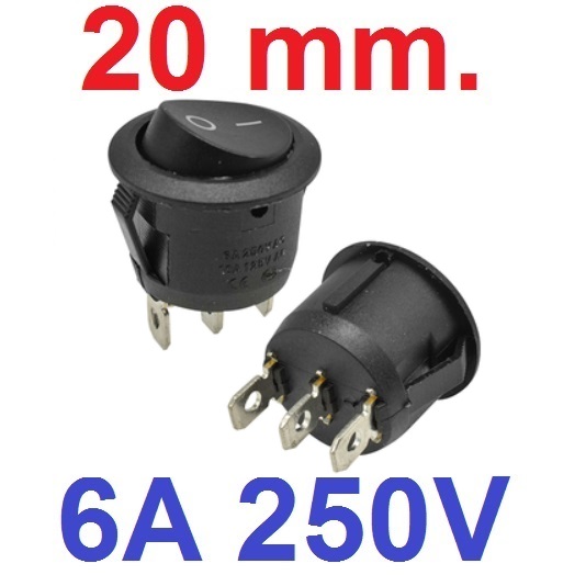 สวิตช์ 2ทาง 3ขา ขนาด 20 mm สีดำ ไม่มีไฟ Full circle Round Black Rocker Switch 3 Pin 6A 250V / 10A 125V SPDT ON-OFF Snap-in 20mm Diameter KCD1 สวิทช์