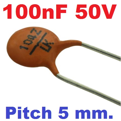 ตัวเก็บประจุแบบเซรามิก 0.1uF (100nF) 50V Ceramic Disc Capacitor Tolerance -20/+80% Dia 6mm Pitch 5 mm.