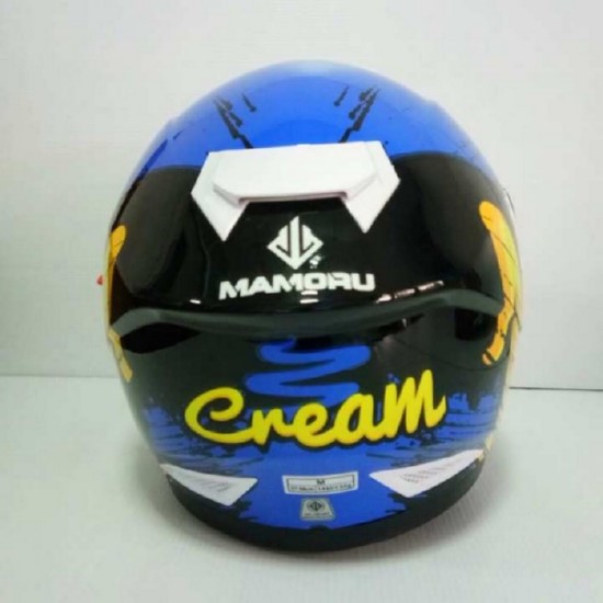 Mamoru หมวกกันน็อคหุ้มคาง ราคาถูก รุ่น mamoru cream สีน้ำเงิน-เหลือง แว่น 2 ชั้น นวมภายในถอดซักได้