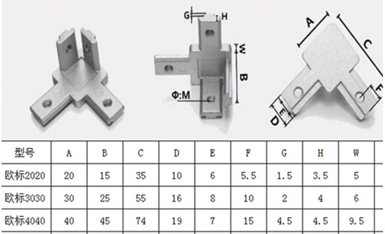 3-Way End Corner Bracket Connector with Mounting Screws for Aluminum Extrusion Profile 2020 , 3030 Series