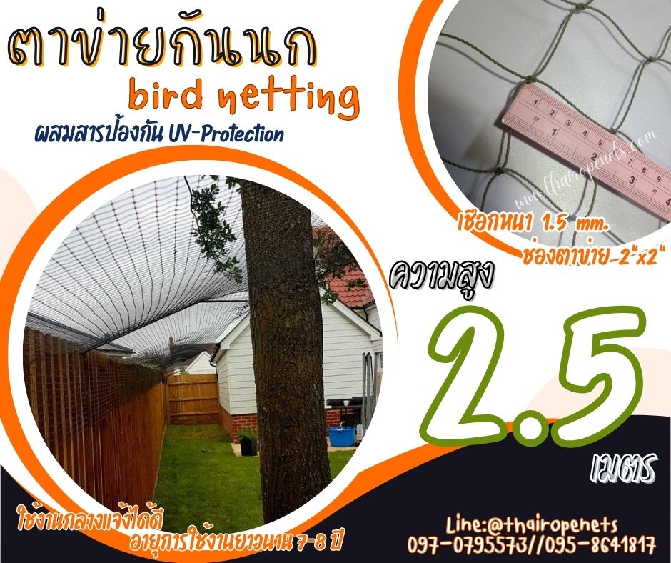 ตาข่ายล้อมรั้วกันนก bird netting สีเขียวขี้ม้า ความสูง 2.5 เมตร รุ่น 1.5 มิล ช่องตา 2x2 นิ้ว กดเลือกความยาวตามต้องการได้เลย