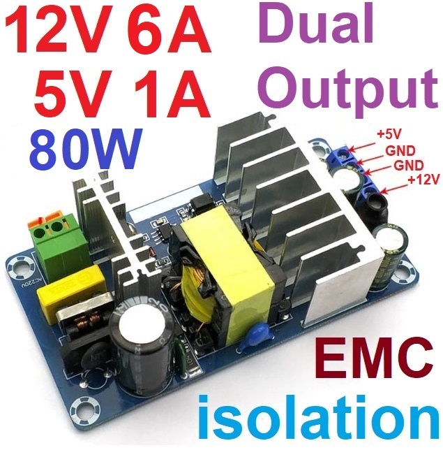 supply dual output 12V 6A and 5V 1A 80W Input 90-240Vac isolation module with EMC built-in isolation low ripple AC-DC switching power supply power module สวิตชิ่ง พาวเวอร์ซัพพลาย