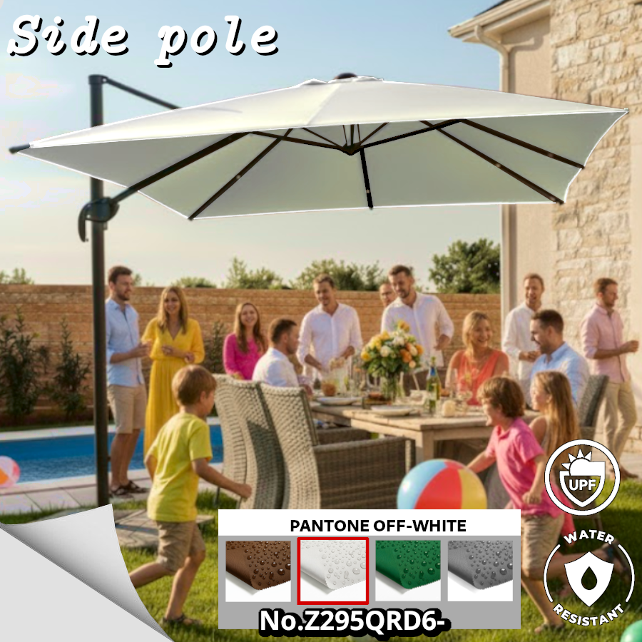 Leo ร่มเสาข้างรุ่นใหม่ ขนาด 2.95x2.95 เมตร ทรงสี่เหลี่ยม หมุนรอบตัวได้ 360 องศา สีพื้น