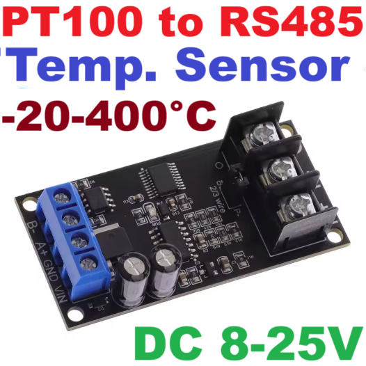 PT100 Thermocouple RS485 -20 - 400 องศาเซลเซียส DC 8-25V PT100 Platinum Thermal Resistance to Temperature Converter RS485 Modbus RTU RTD Sensor Module Kit