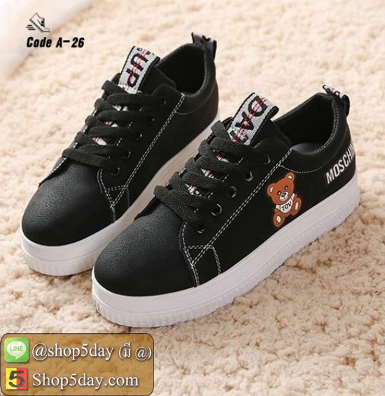 รองเท้าผ้าใบหนัง PU ดีไซน์น่ารักๆ รูปหมี TOV (สีดำ)