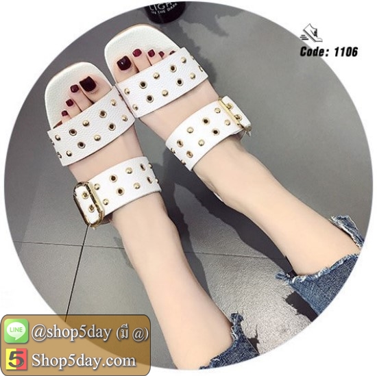 รองเท้าส้นสูงหนา วัสดุหนังพียู ดีเทลหน้า แต่งอะไหล่มุดทอง สุดเก๋