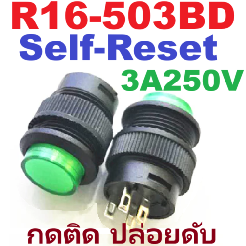 R16-503BD 4 pin 3A 250V AC สวิทช์กดติด ปล่อยดับ มีไฟ LED สีเขียว Round Push Button Boat Momentary Switch Green Light SPDT สวิตช์