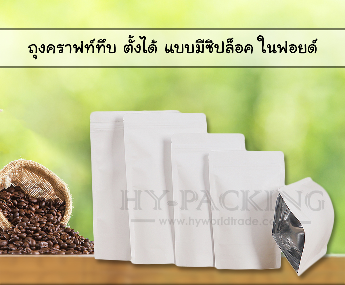 ถุงคราฟท์ทึบ ก้นตั้ง แบบมีซิปล็อค ในฟอยด์ สีขาว