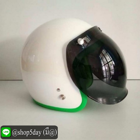 ALTRAX หมวกกันน็อควินเทจ ราคาถูก รุ่น LAZOR สีขาวมุกประกาย นวมเขียว คิ้วเขียว ถอดซักได้ พร้อมแว่นBUBBLEดำ