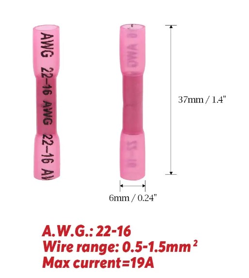 BHT1.25 สลิปหุ้ม(กันน้ำ) AWG 22-16 (0.5-1.5 sq.mm.) max 19A. Heat Shrink Butt Wire Connectors Waterproof Insulated Wire Cable Crimp Terminals สลิปหุ้ม ท่อหด หางปลา สลิปหุ้มต่อสายไฟ เทอร์มินอลต่อสายไฟ BHT-1.25