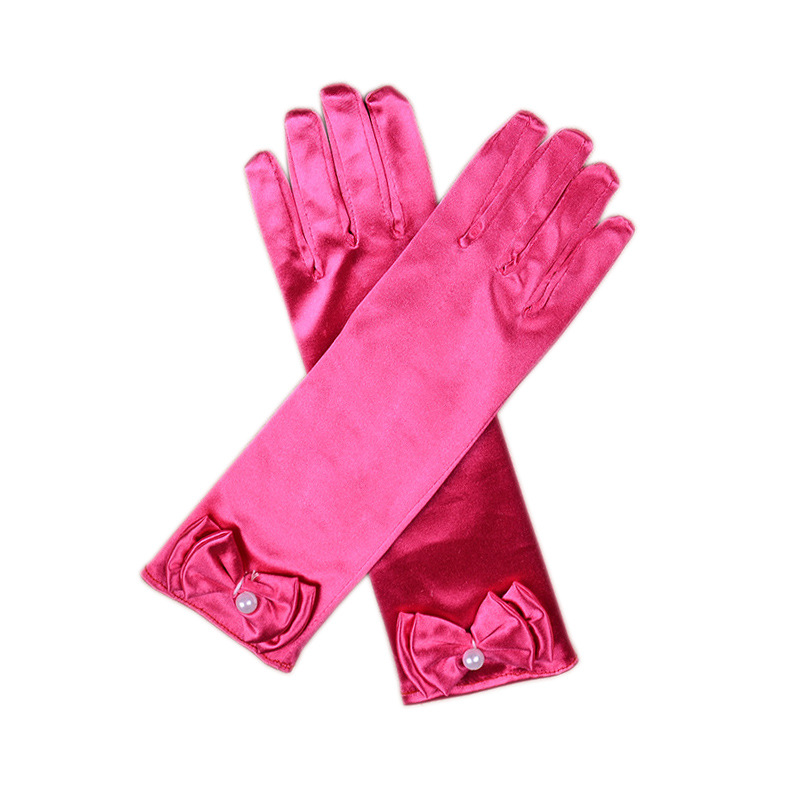 ถุงมือเด็กออกงานสีชมพูบานเย็น 4-12ขวบ หรือใช้ในการแสดง แบบกึ่งยาว ติดโบว์และมุกน่ารัก ยืดได้เยอะ ก่อนยืดยาว 11 นิ้ว กว้าง3 นิ้ว