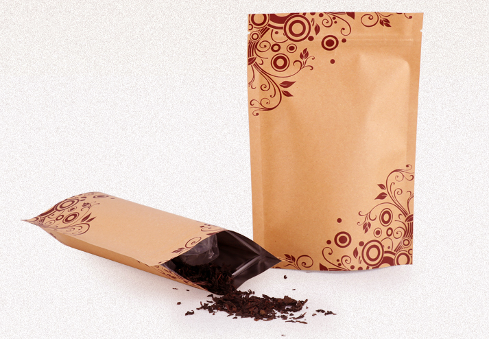 ถุงคราฟท์ทึบ ก้นตั้ง แบบมีซิปล็อค ในฟอยด์ สีน้ำตาล พิมพ์ลาย