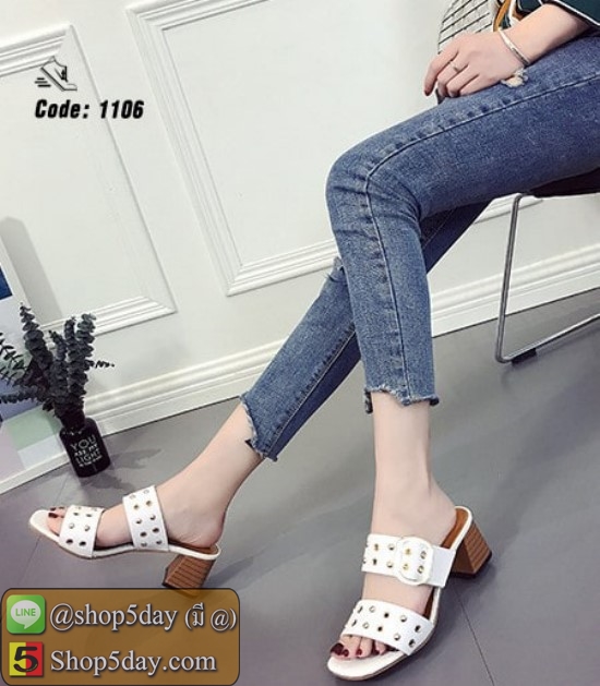 รองเท้าส้นสูงหนา วัสดุหนังพียู ดีเทลหน้า แต่งอะไหล่มุดทอง สุดเก๋