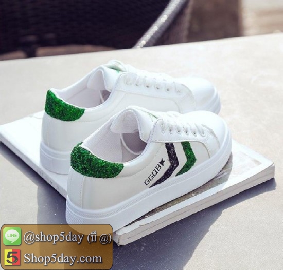 รองเท้าผ้าใบ สไตล์เกาหลี ตกแต่งลายเก๋ๆ (แถบเขียว)
