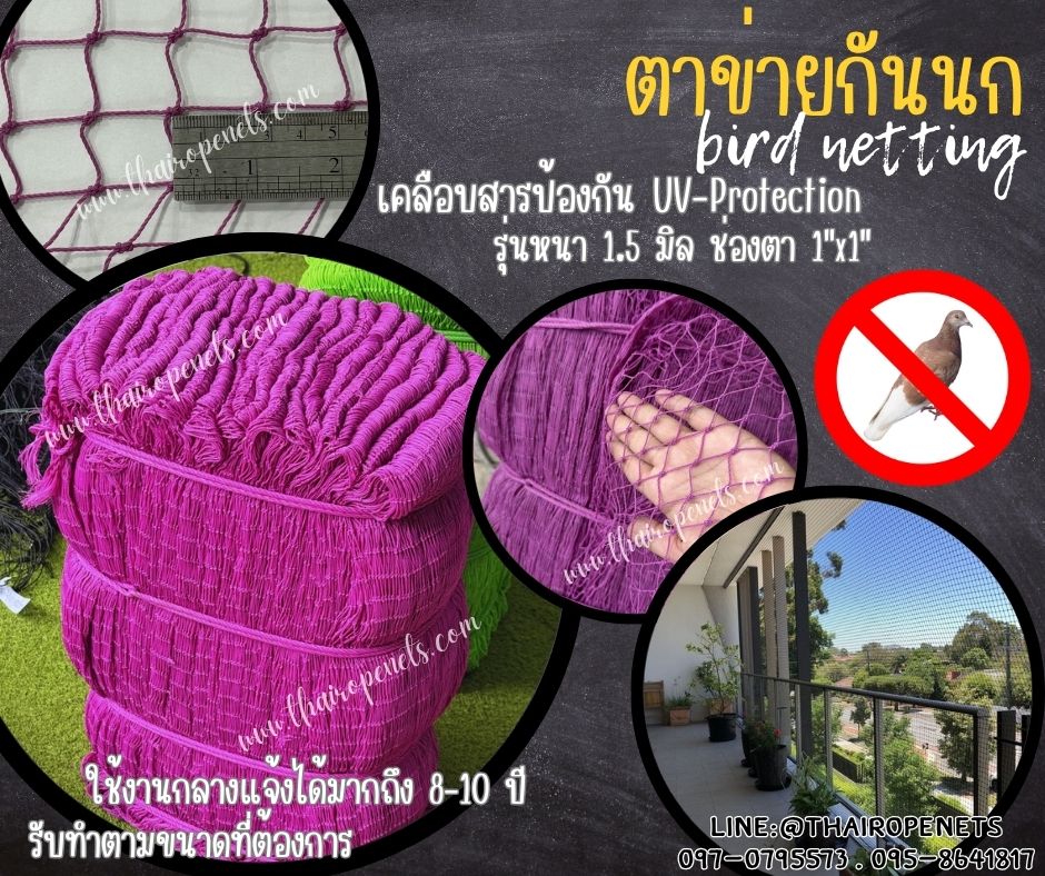 ตาข่ายกันนกบนคอนโด bird netting สีม่วง รุ่นหนา 1.5 มิล ช่องตา 1x1 นิ้ว เคลือบสารป้องกัน UV ทนแดด ทนฝน ใช้งานได้ยาวนาน