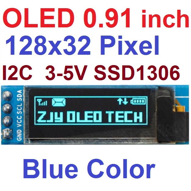 0.91 inch OLED สีน้ำเงิน LCD display module IIC i2C 128x32 Pixel LCD blue color display device compatible with 3.3v-5V SSD1306