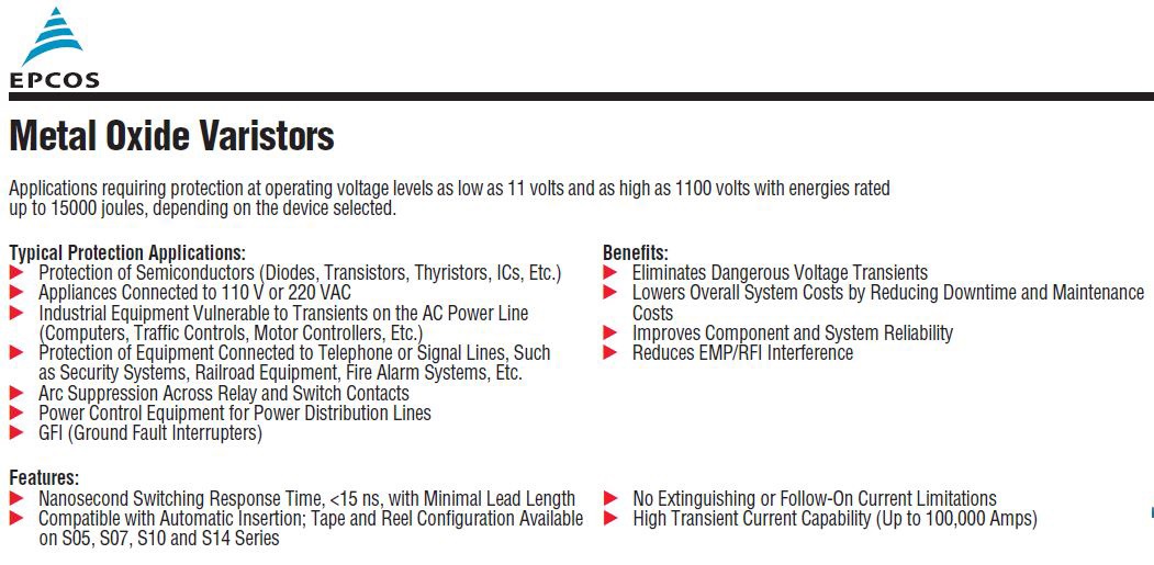 S20K275 Varistor diameter 20mm, 275Vac(rms),8000A Straight Lead,Standard Series