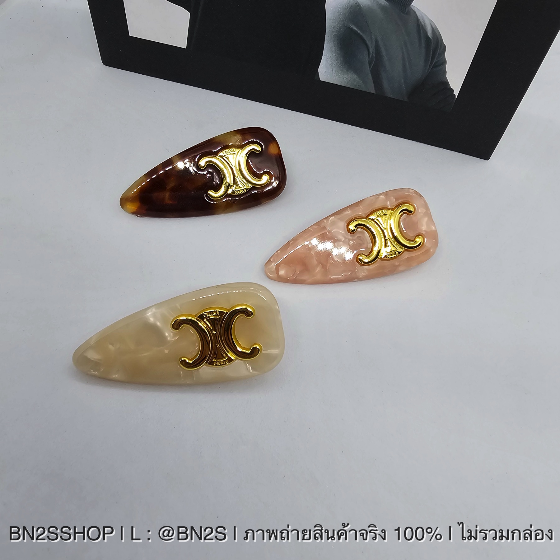 สีน้ำตาล | CELINE CL HAIR CLIP แบบเหลี่ยม กิ๊บติดผมลายทรีออม สี Dark Havana ลายอะคิลิคสีน้ำตาล