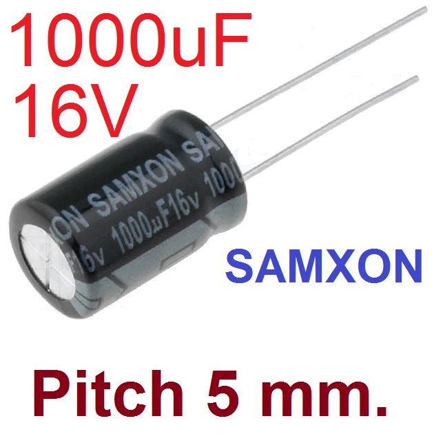 ตัวเก็บประจุ 1000uF 16V pitch 5 mm. 105C ยี่ห้อ SAMXON Capacitor