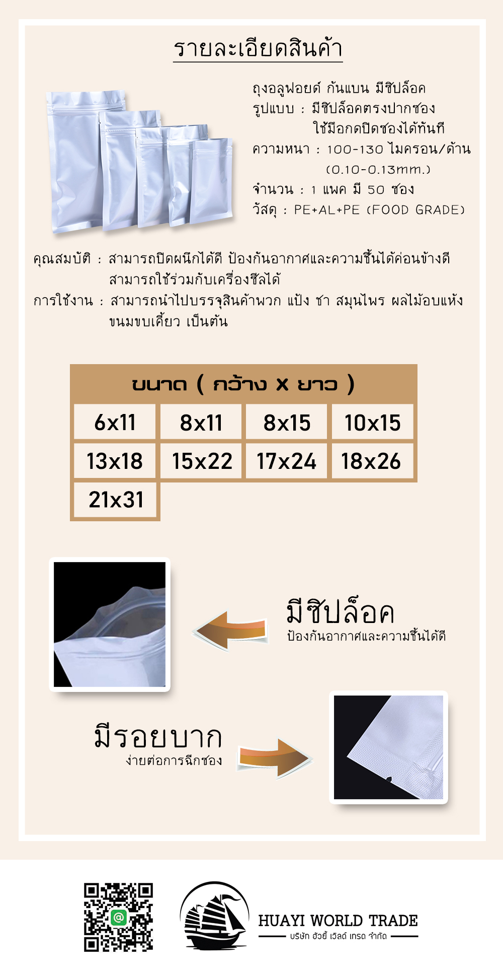 ถุงอลูมิเนียมฟอยด์ ก้นแบน แบบมีซิปล็อค