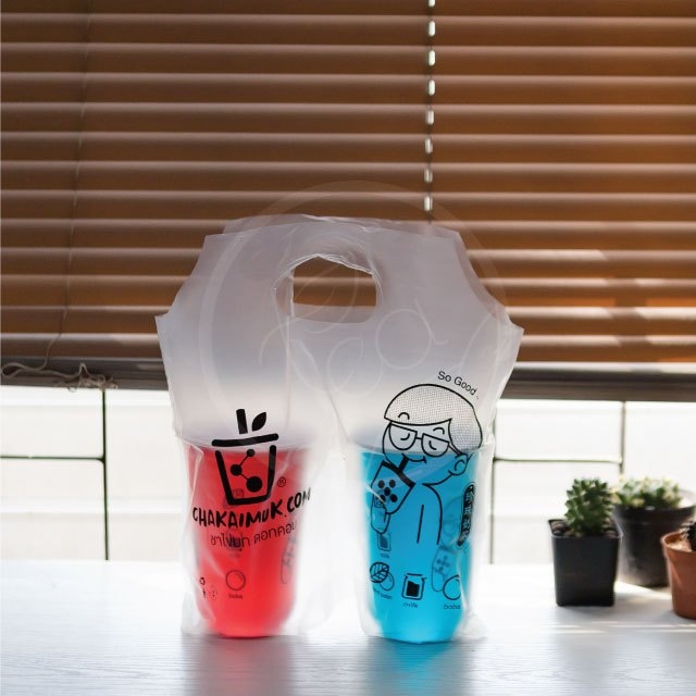 [CKMคู่] ถุงคู่ ใส่แก้ว พิมพ์ลาย เต็มใบ ใส่ได้ 2 แก้ว ชานมไข่มุก ถุงเครื่องดื่ม แพ็คละ 50ใบ